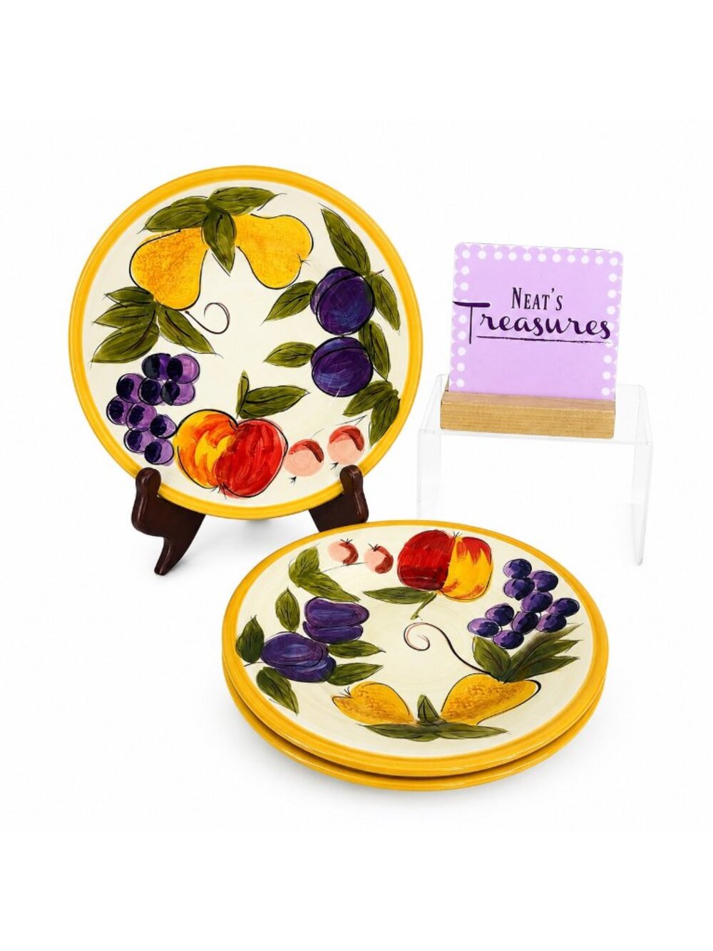 Tabletops CORNUCOPIA Hand Crafted Yellow Band Fruit Lunch Salad Plates Set 3